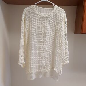 Women's Cream/Ivory Open Knit  Layered Tunic With Grid Design